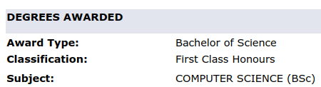 Screenshot showing my degree classification: a First-Class Honours in Computer Science